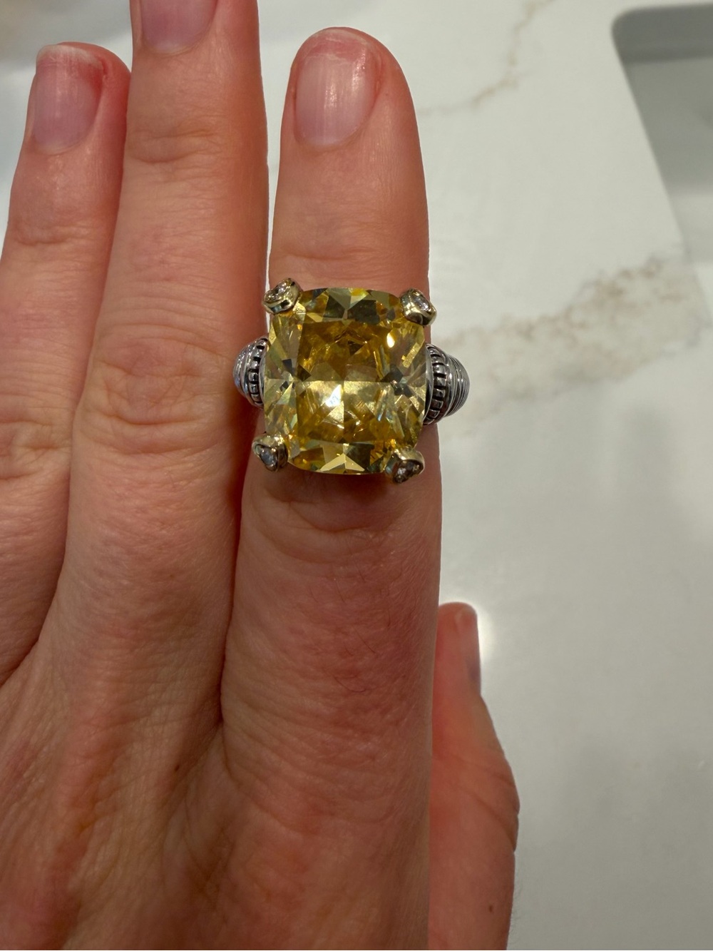 Judith Ripka Yellow Cushion-Cut Cocktail Ring with Silver Accents